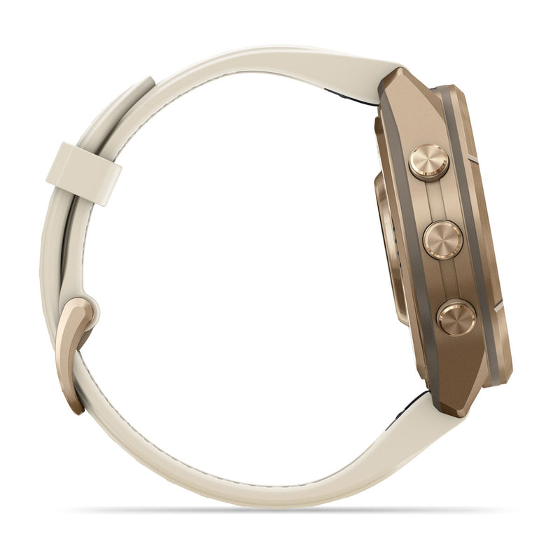 Garmin fēnix® 9 Pro – smartwatch, 43 mm, Tytanowy w kolorze Autumn Gold z silikonowym paskiem w kolorze Cream / French Gray