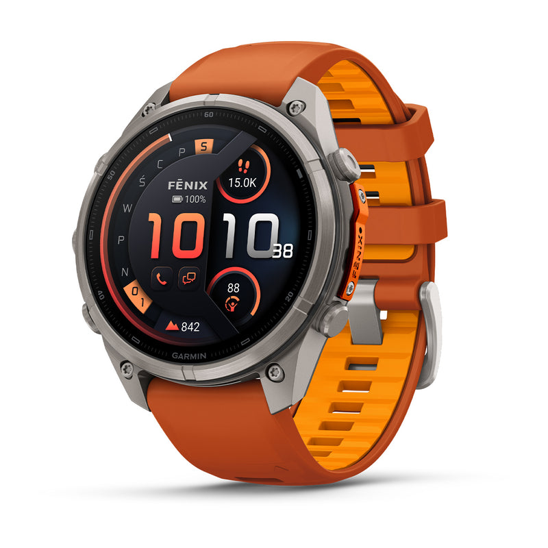 Garmin fēnix 9 Pro – inReach®, 47 mm, Tytanowy z silikonowym paskiem w kolorze Autumn Orange / Spark Orange