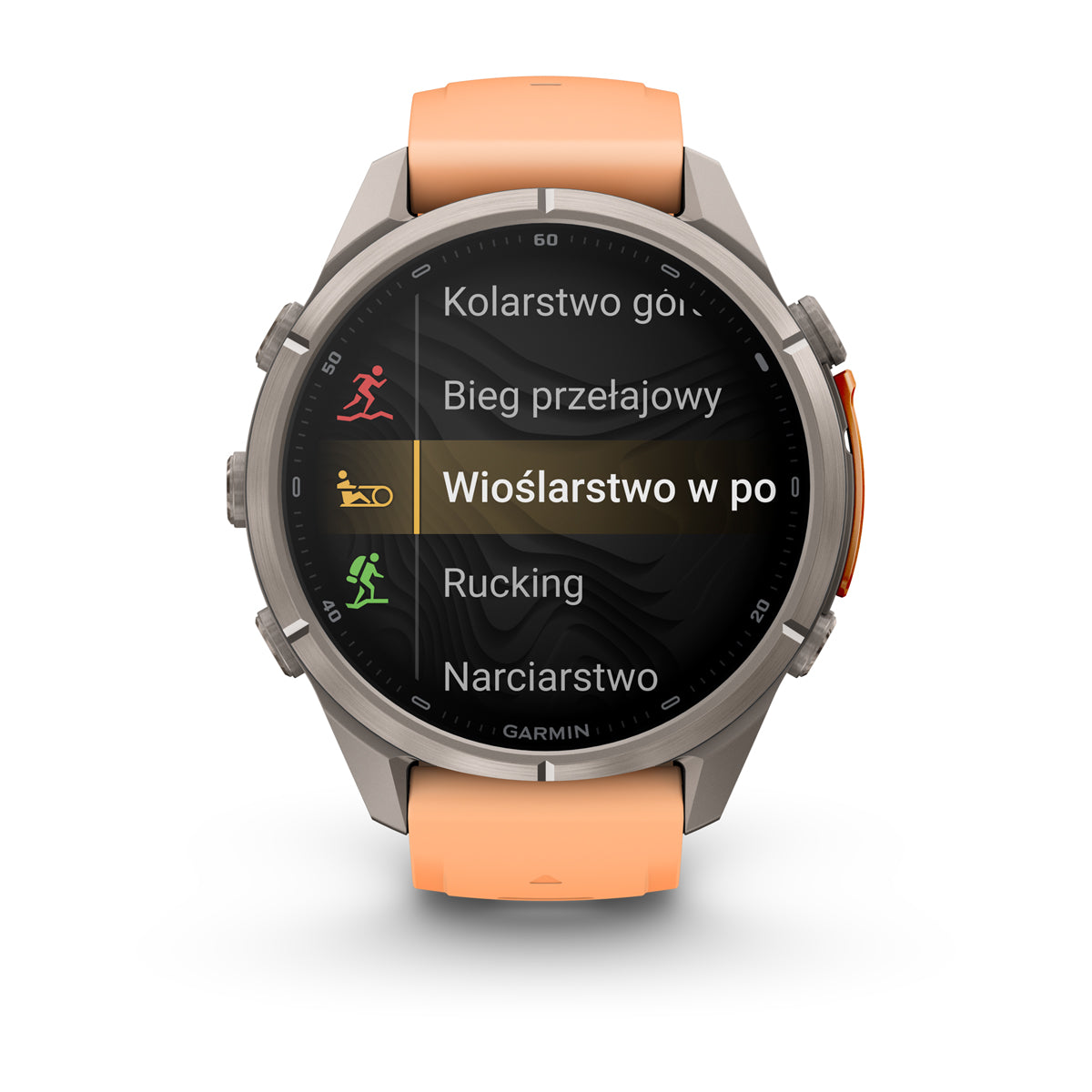 Garmin fēnix 9 Pro – inReach®, 43 mm, Tytanowy z silikonowym paskiem w kolorze Shell Pink / Autumn Orange