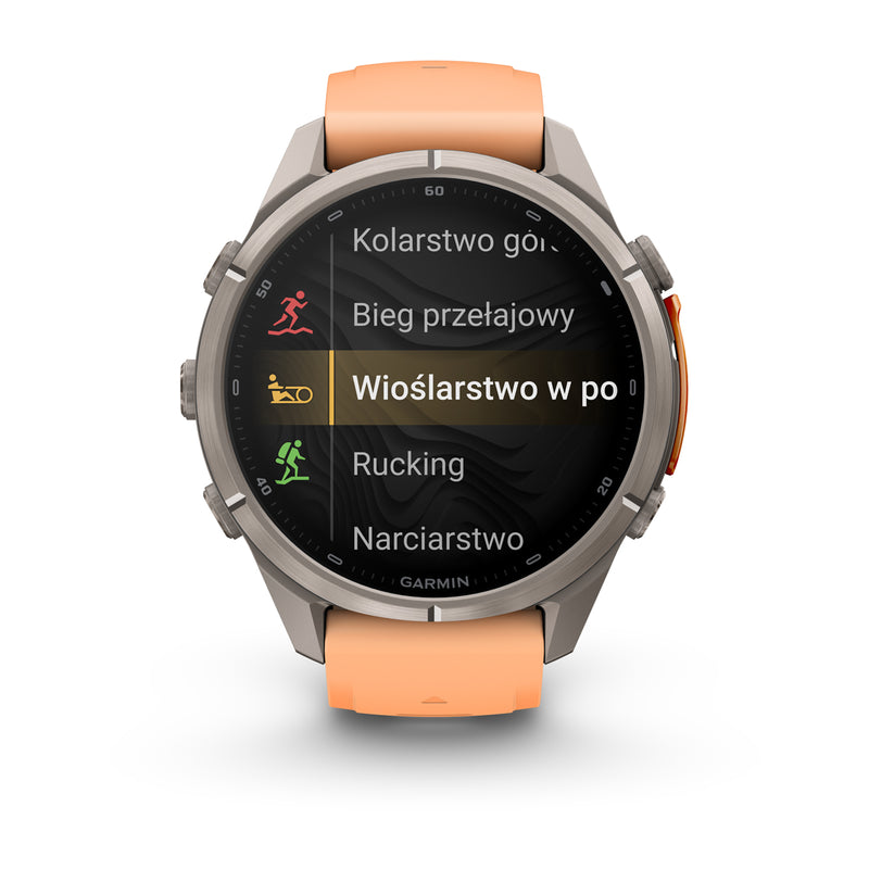 Garmin fēnix 9 Pro – inReach®, 43 mm, Tytanowy z silikonowym paskiem w kolorze Shell Pink / Autumn Orange