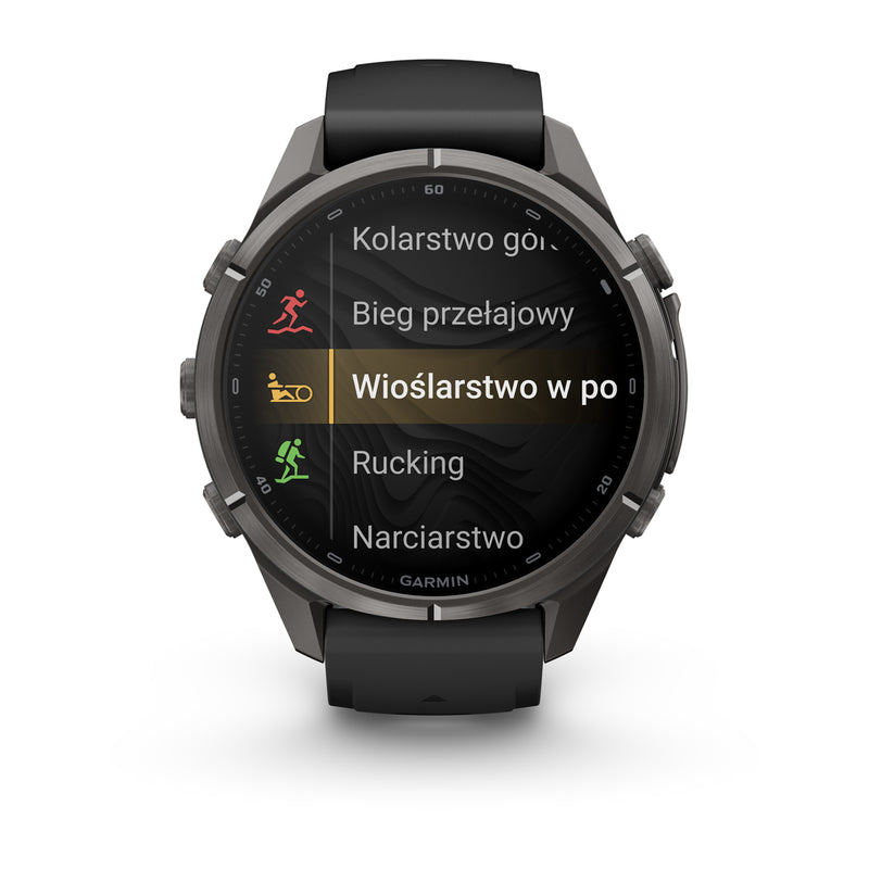 Garmin fēnix 9 Pro – inReach®, 43 mm, Tytanowy w kolorze Carbon Gray z powłoką (DLC) z silikonowym paskiem w kolorze Black / Pebble Gray
