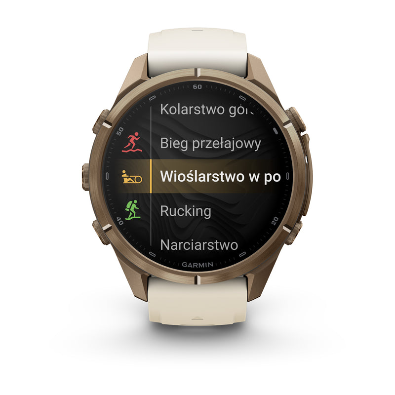 Garmin fēnix 9 Pro – inReach®, 43 mm, Tytanowy w kolorze Autumn Gold z silikonowym paskiem w kolorze Cream / French Gray