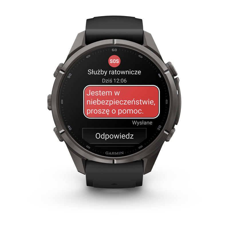Garmin fēnix 9 Pro – inReach®, 43 mm, Tytanowy w kolorze Carbon Gray z powłoką (DLC) z silikonowym paskiem w kolorze Black / Pebble Gray