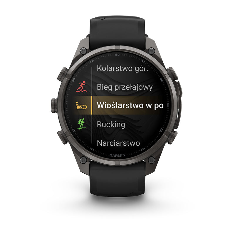 Garmin fēnix 9 Pro – inReach®, 47 mm, Tytanowy w kolorze Carbon Gray z powłoką (DLC) z silikonowym paskiem w kolorze Black / Pebble Gray
