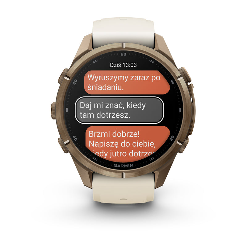 Garmin fēnix 9 Pro – inReach®, 43 mm, Tytanowy w kolorze Autumn Gold z silikonowym paskiem w kolorze Cream / French Gray