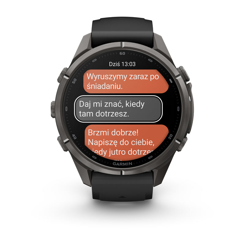 Garmin fēnix 9 Pro – inReach®, 43 mm, Tytanowy w kolorze Carbon Gray z powłoką (DLC) z silikonowym paskiem w kolorze Black / Pebble Gray
