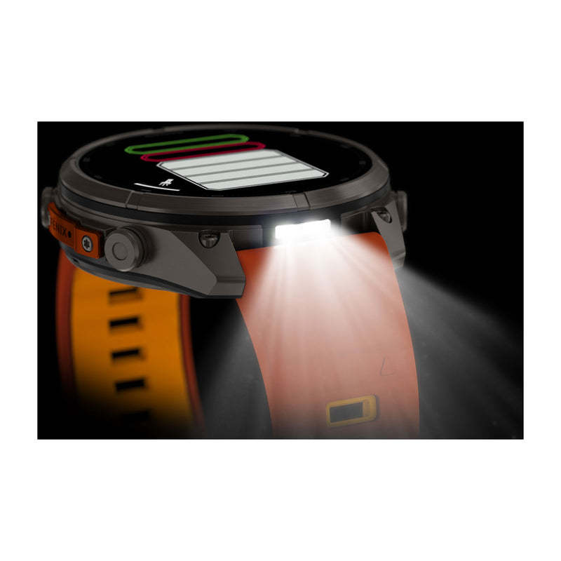 Garmin fēnix 9 Pro – inReach®, 47 mm, Tytanowy z silikonowym paskiem w kolorze Autumn Orange / Spark Orange