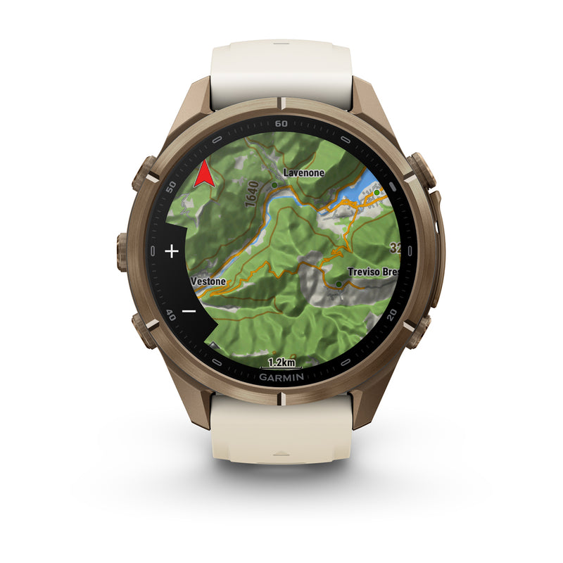 Garmin fēnix 9 Pro – inReach®, 43 mm, Tytanowy w kolorze Autumn Gold z silikonowym paskiem w kolorze Cream / French Gray