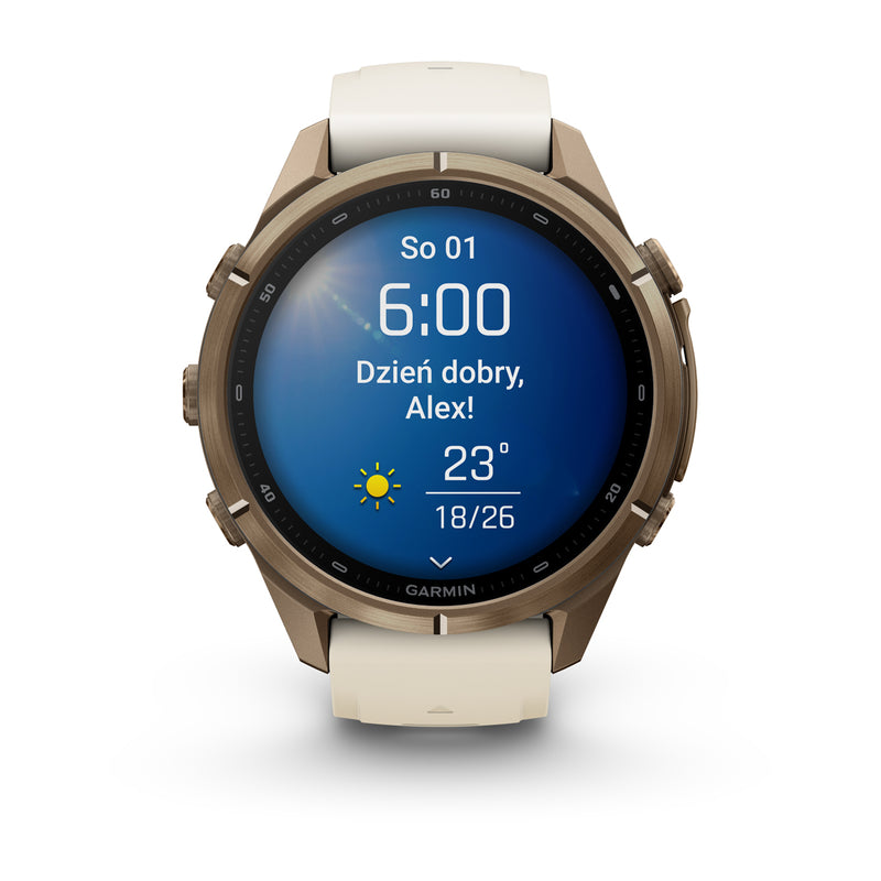 Garmin fēnix® 9 Pro – smartwatch, 43 mm, Tytanowy w kolorze Autumn Gold z silikonowym paskiem w kolorze Cream / French Gray