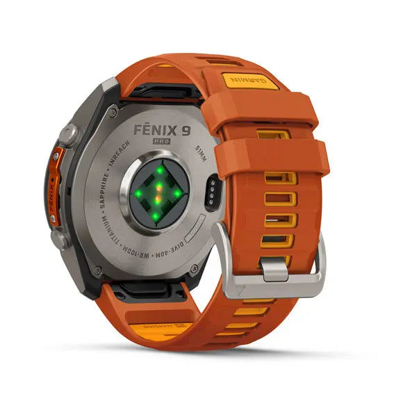 Garmin fēnix 9 Pro – inReach®, 51 mm, Tytanowy z silikonowym paskiem w kolorze Autumn Orange / Spark Orange