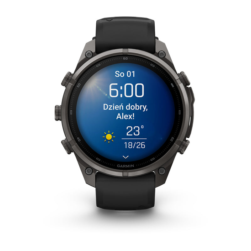 Garmin fēnix® 9 Pro – smartwatch, 47 mm, Tytanowy w kolorze Carbon Gray z powłoką (DLC) z silikonowym paskiem w kolorze Black / Pebble Gray
