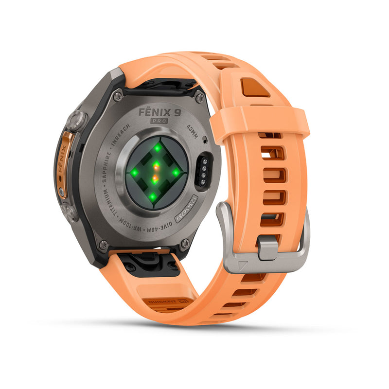 Garmin fēnix 9 Pro – inReach®, 43 mm, Tytanowy z silikonowym paskiem w kolorze Shell Pink / Autumn Orange
