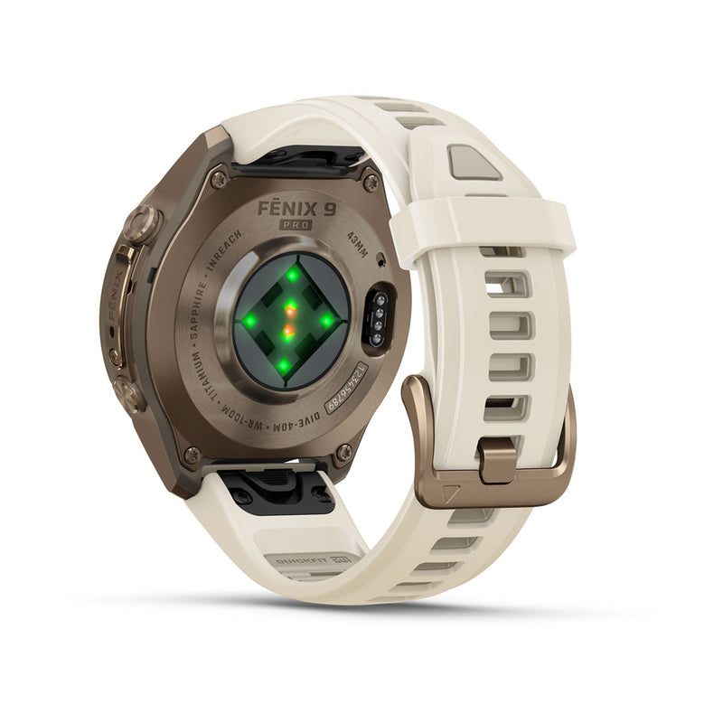 Garmin fēnix 9 Pro – inReach®, 43 mm, Tytanowy w kolorze Autumn Gold z silikonowym paskiem w kolorze Cream / French Gray