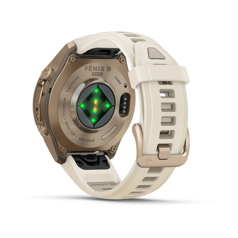 Garmin fēnix® 9 Pro – smartwatch, 43 mm, Tytanowy w kolorze Autumn Gold z silikonowym paskiem w kolorze Cream / French Gray