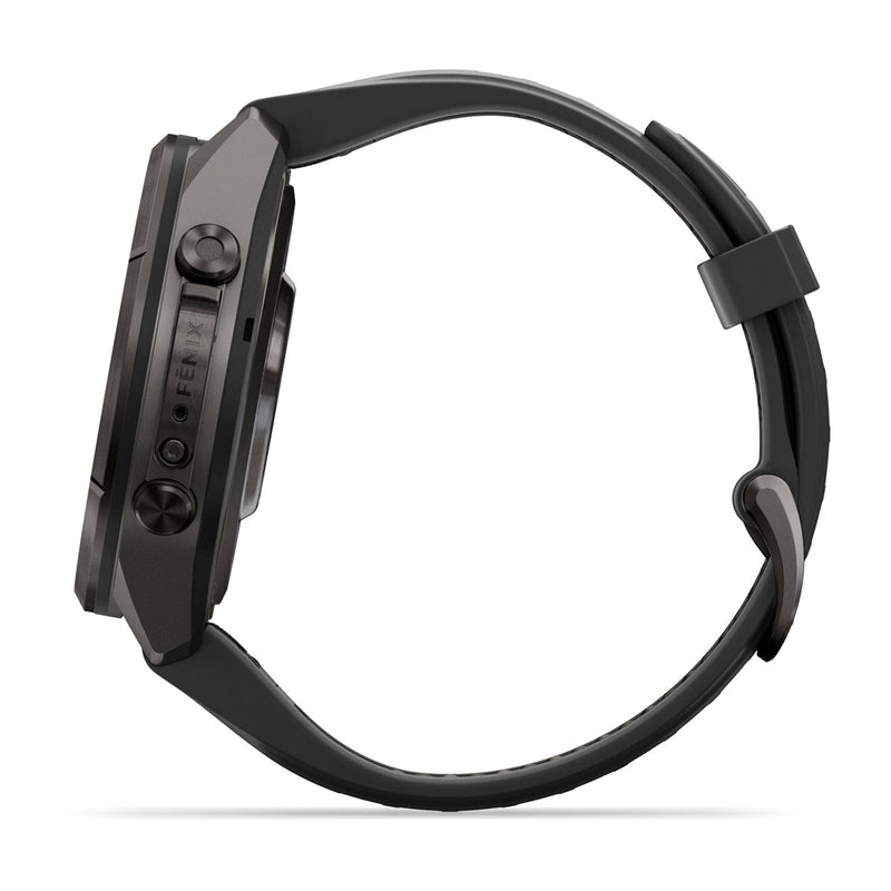 Garmin fēnix 9 Pro – inReach®, 43 mm, Tytanowy w kolorze Carbon Gray z powłoką (DLC) z silikonowym paskiem w kolorze Black / Pebble Gray