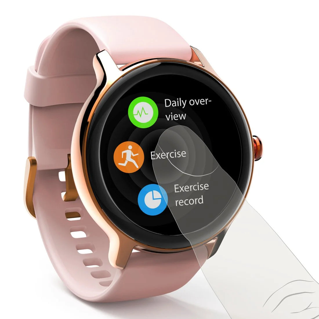 Elegancki smartwatch damski Hama Fit Watch 4910 złota ramka różowy pasek
