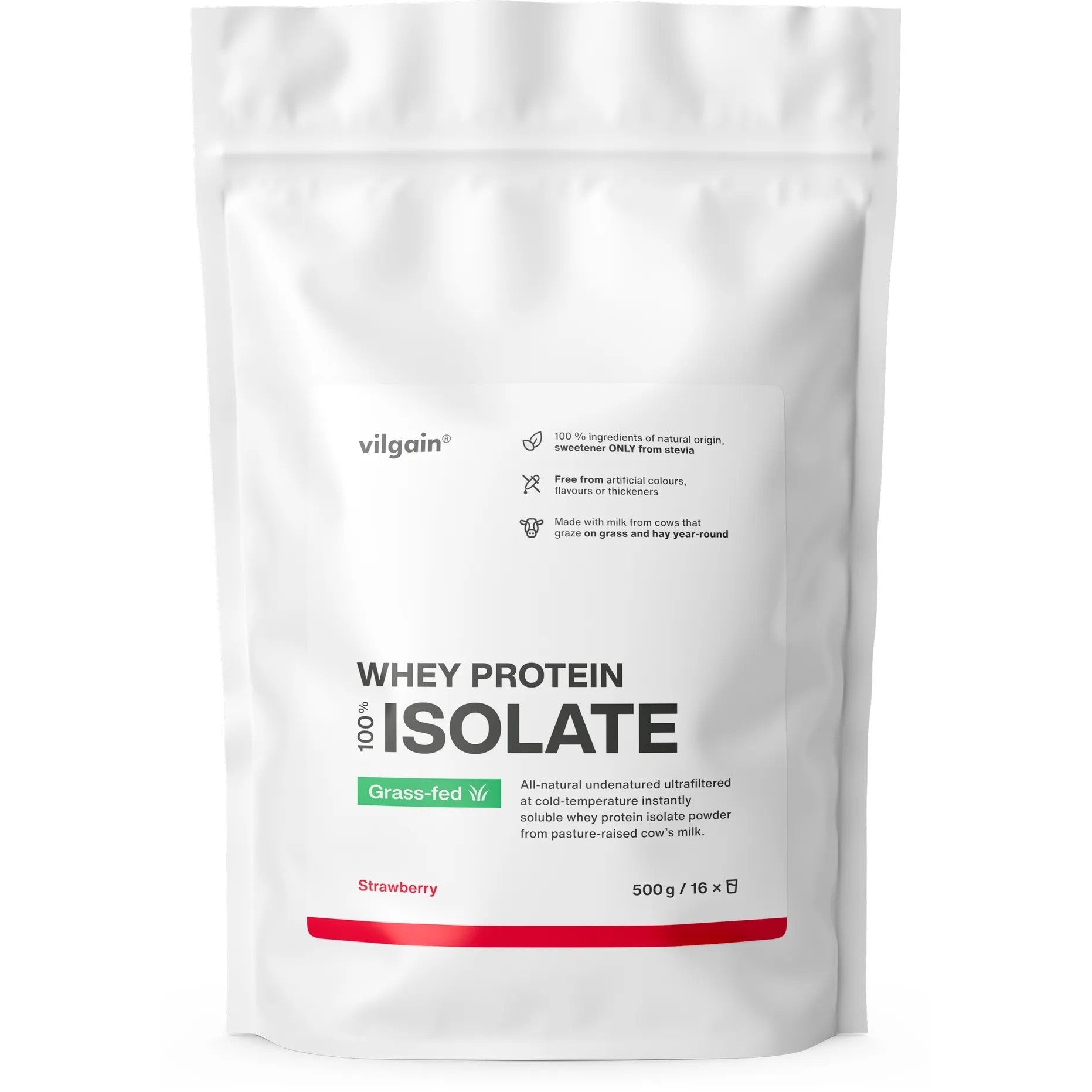 Vilgain Grass-Fed Izolat białka – Izolat białka serwatkowego, 500 g, Truskawka