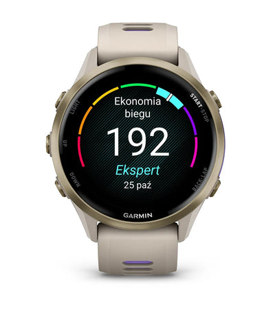 Garmin Forerunner 970 Tytanowy w kolorze Soft Gold z kopertą w kolorze French Grey i półprzezroczystym paskiem w kolorze French grey/Indygo