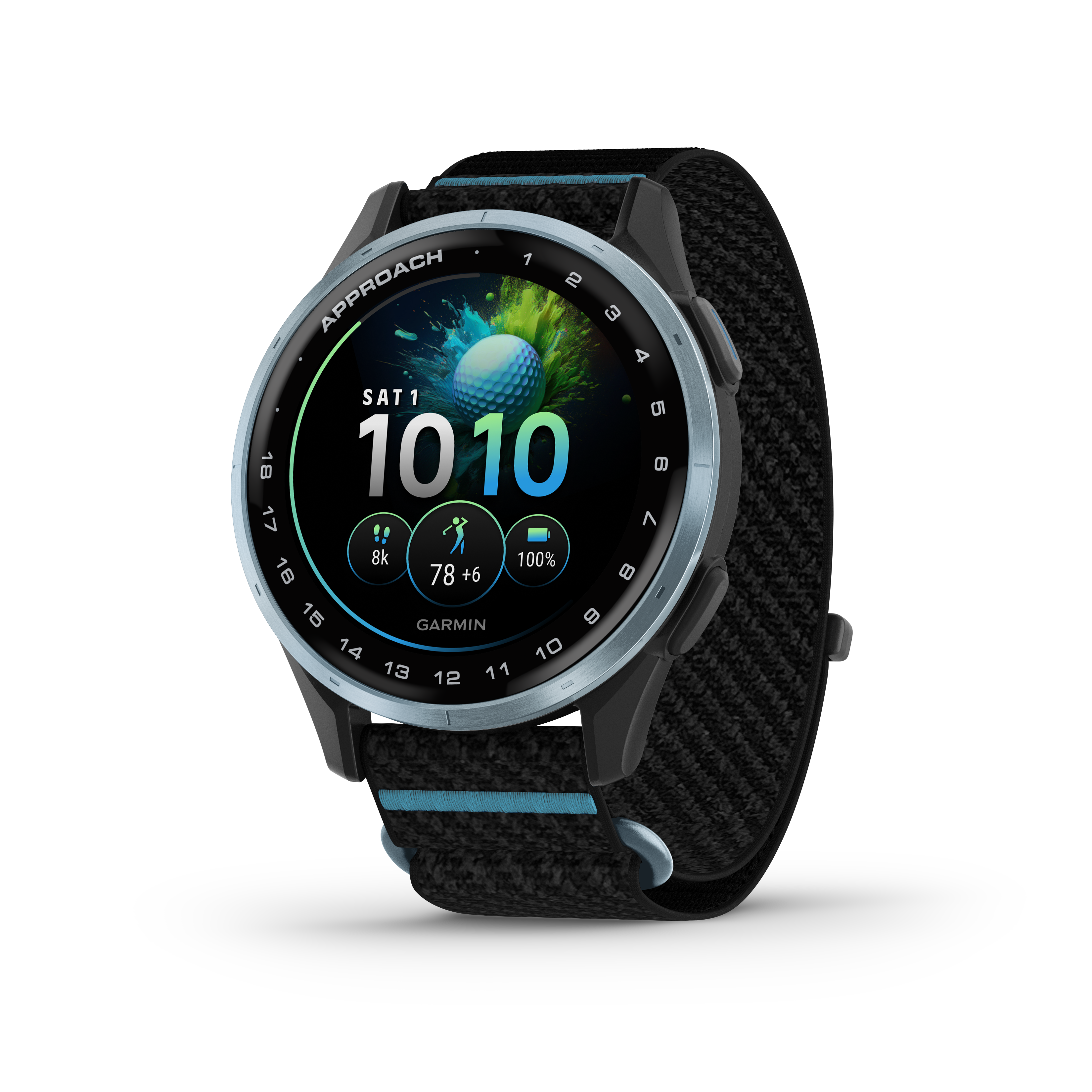 Garmin Approach® J1 – Aluminiowa ramka w kolorze Cloud Blue/Pasek ComfortFit Black/Azure