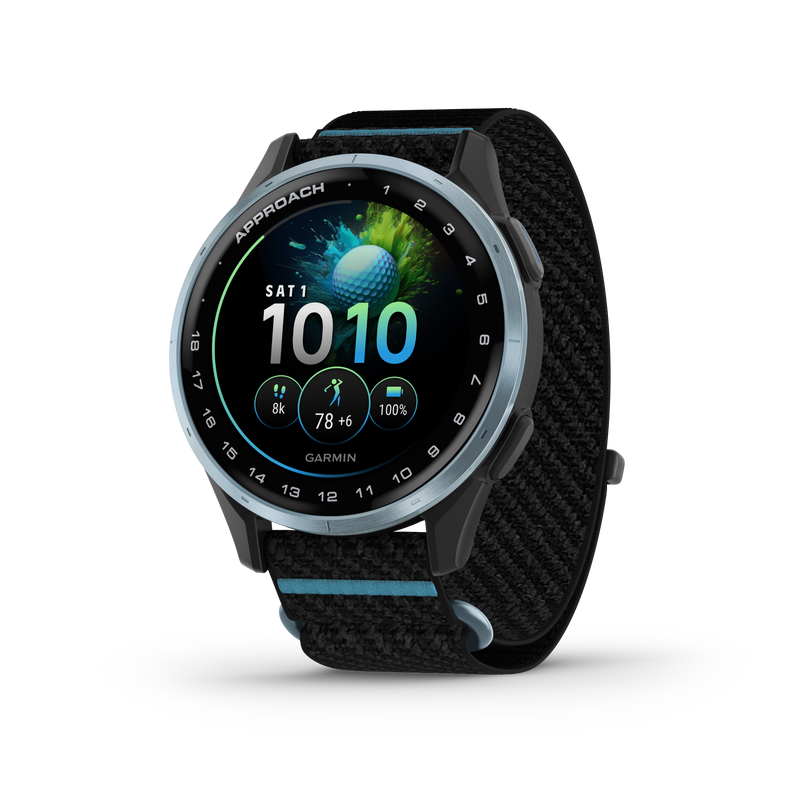 Garmin Approach® J1 – Aluminiowa ramka w kolorze Cloud Blue/Pasek ComfortFit Black/Azure