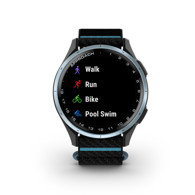 Garmin Approach® J1 – Aluminiowa ramka w kolorze Cloud Blue/Pasek ComfortFit Black/Azure