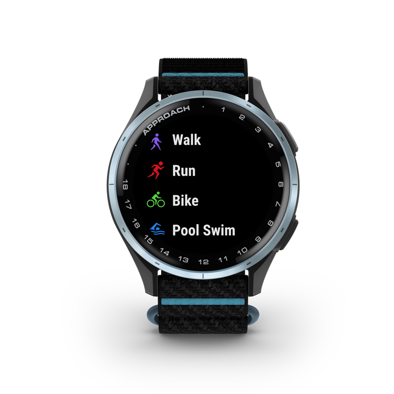 Garmin Approach® J1 – Aluminiowa ramka w kolorze Cloud Blue/Pasek ComfortFit Black/Azure