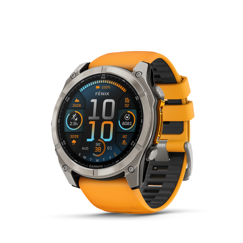 Garmin Fenix 8 51mm, AMOLED, Sapphire, Tytanowy z paskiem silikonowym w kolorze Spark orange / Graphite