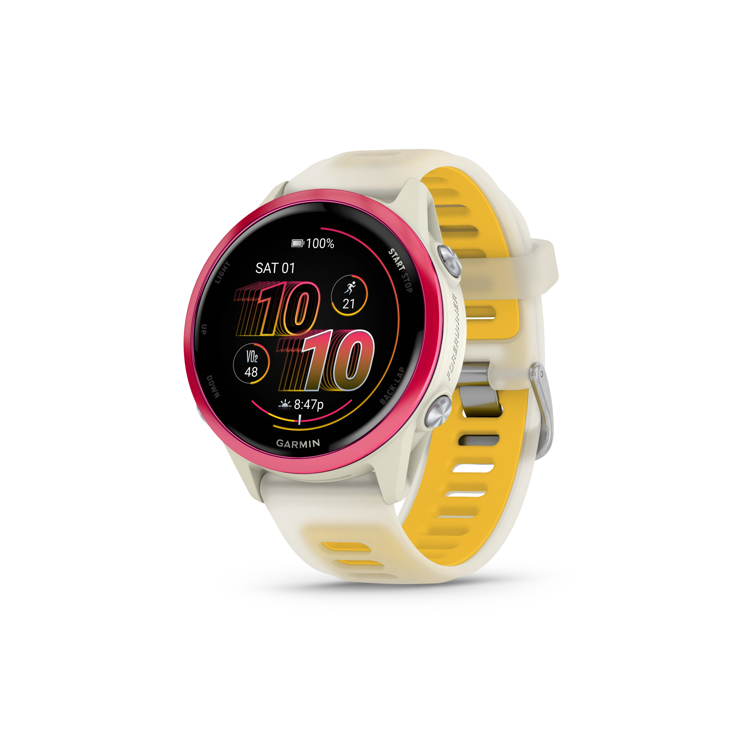 Garmin Forerunner 570 - 42mm Aluminiowy w kolorze Raspberry z półprzezroczystym paskiem w kolorze Bone/Mango