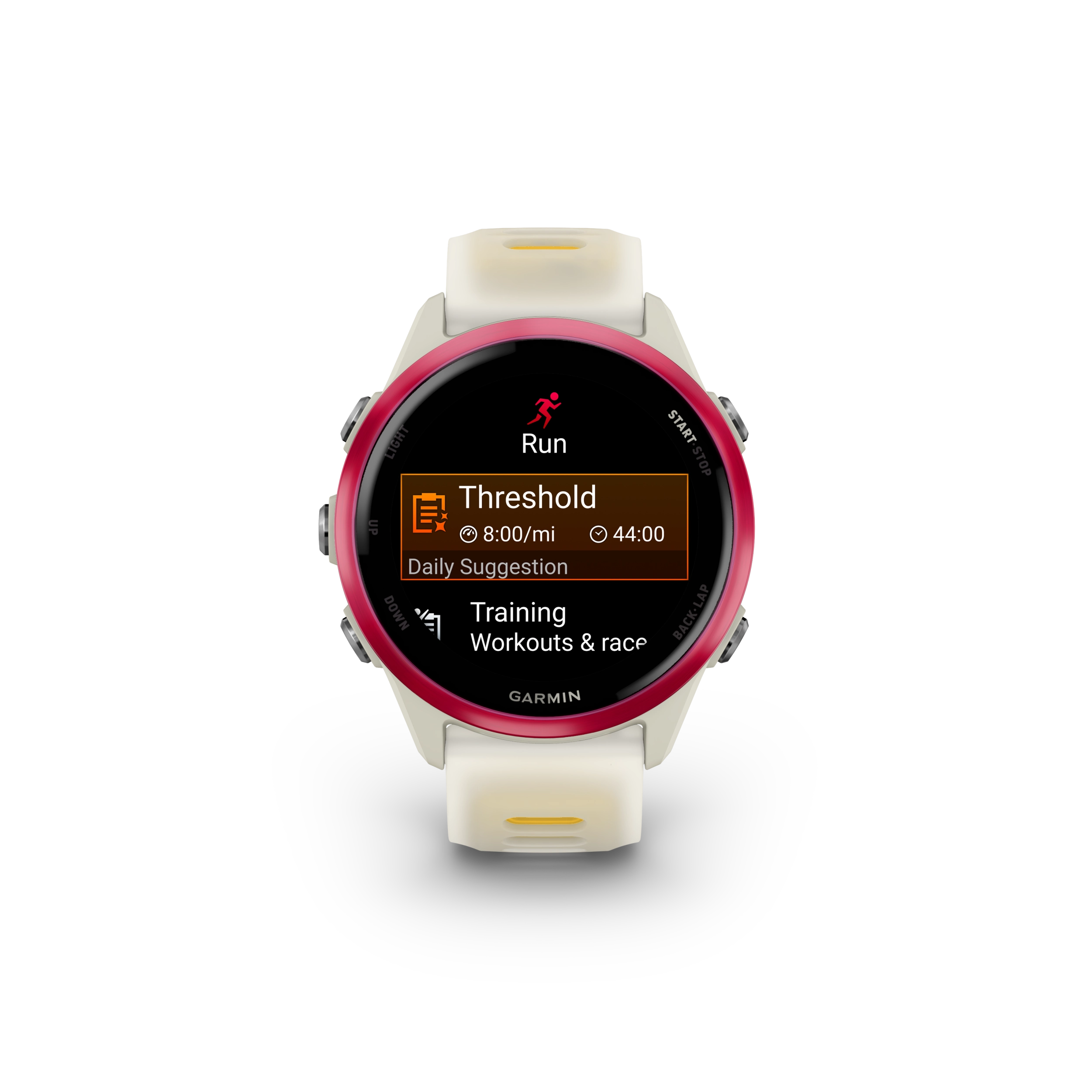Garmin Forerunner 570 - 42mm Aluminiowy w kolorze Raspberry z półprzezroczystym paskiem w kolorze Bone/Mango