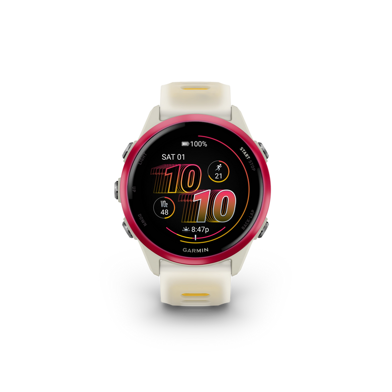 Garmin Forerunner 570 - 42mm Aluminiowy w kolorze Raspberry z półprzezroczystym paskiem w kolorze Bone/Mango