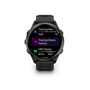 Garmin Forerunner 970 Tytanowy w kolorze Carbon Grey (DLC) z kopertą w kolorze Black i półprzezroczystym paskiem w kolorze Black/Whitestone