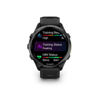 Garmin Forerunner 970 Tytanowy w kolorze Carbon Grey (DLC) z kopertą w kolorze Black i półprzezroczystym paskiem w kolorze Black/Whitestone