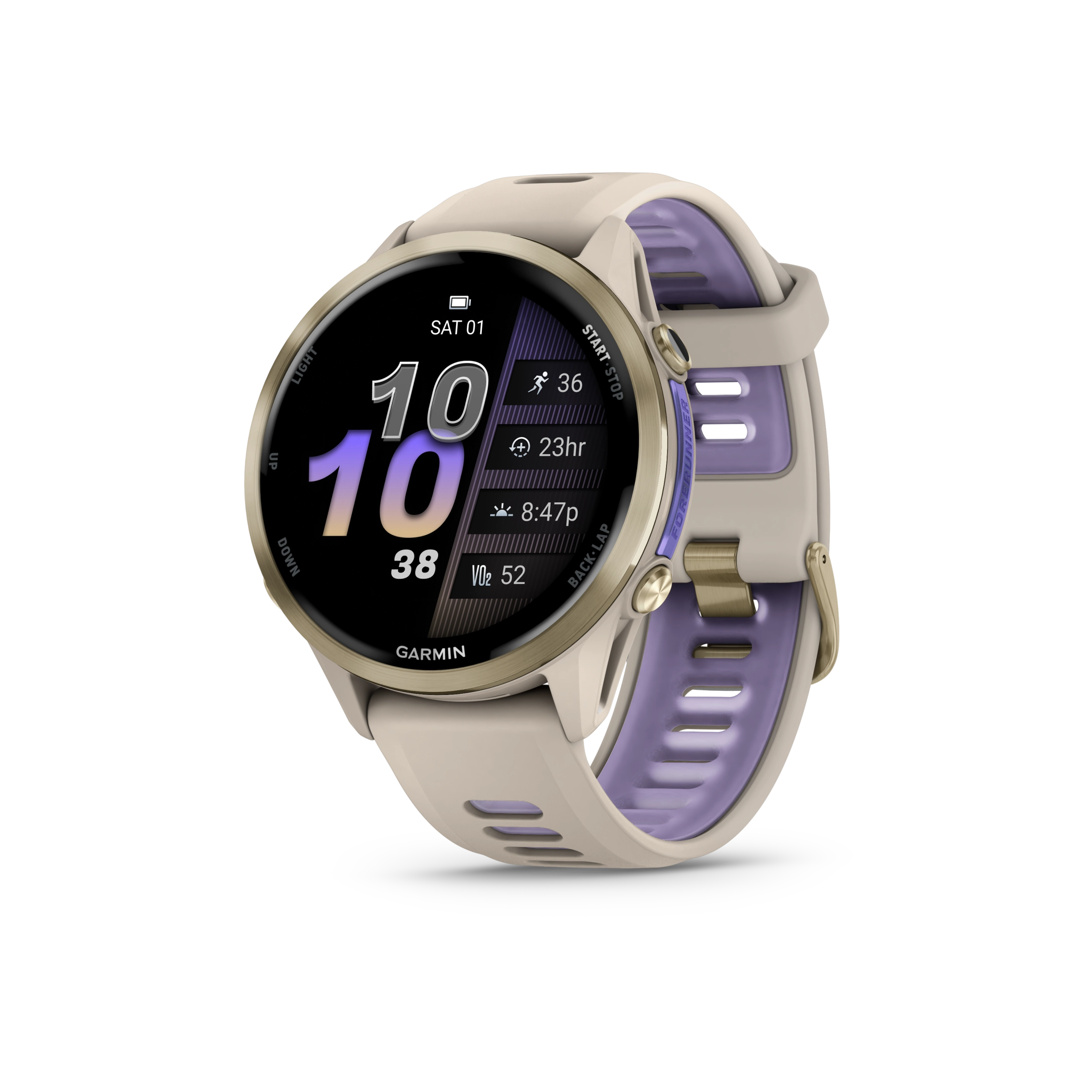 Garmin Forerunner 970 Tytanowy w kolorze Soft Gold z kopertą w kolorze French Grey i półprzezroczystym paskiem w kolorze French grey/Indygo