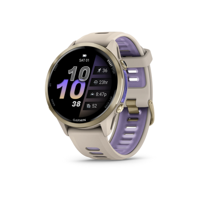 Garmin Forerunner 970 Tytanowy w kolorze Soft Gold z kopertą w kolorze French Grey i półprzezroczystym paskiem w kolorze French grey/Indygo