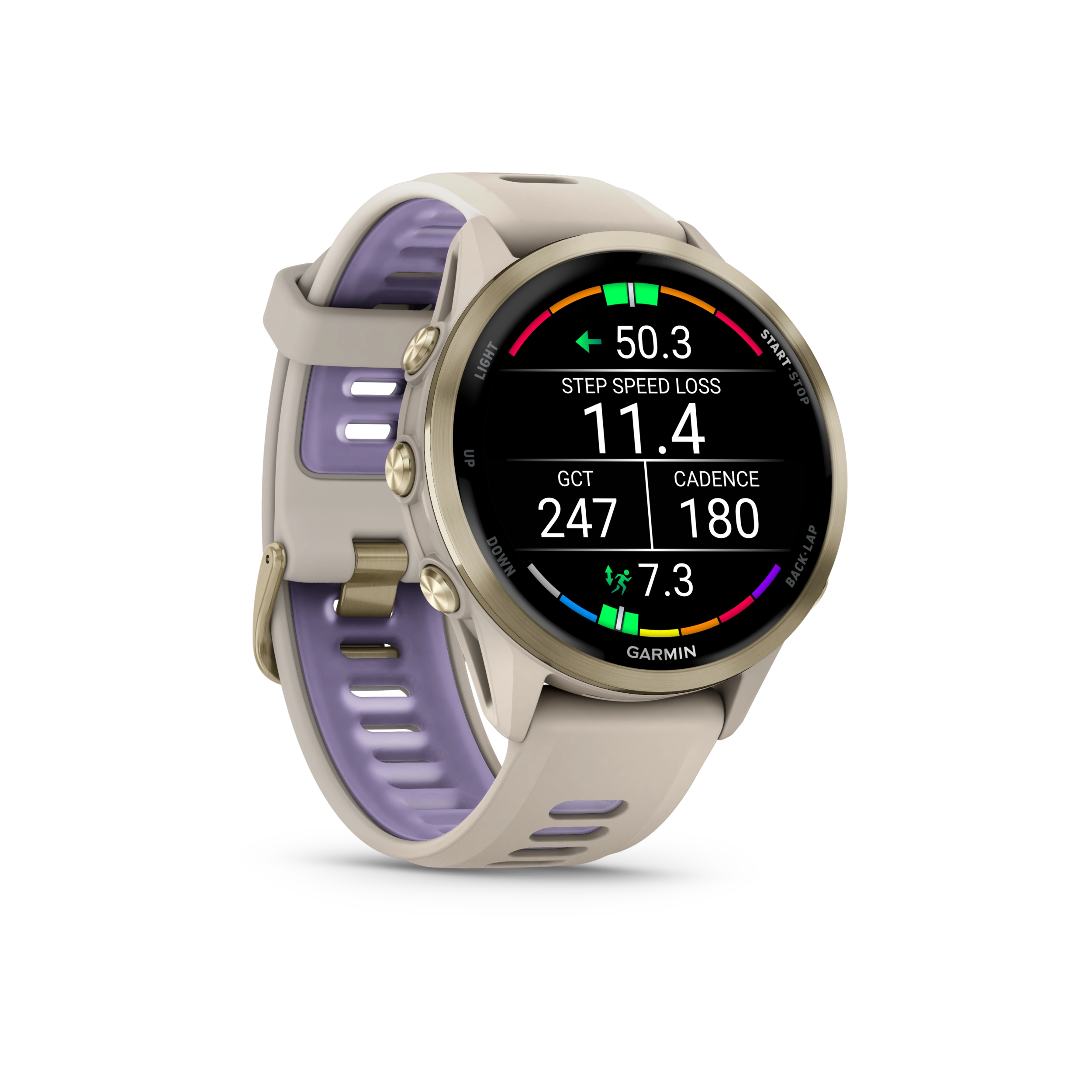 Garmin Forerunner 970 Tytanowy w kolorze Soft Gold z kopertą w kolorze French Grey i półprzezroczystym paskiem w kolorze French grey/Indygo