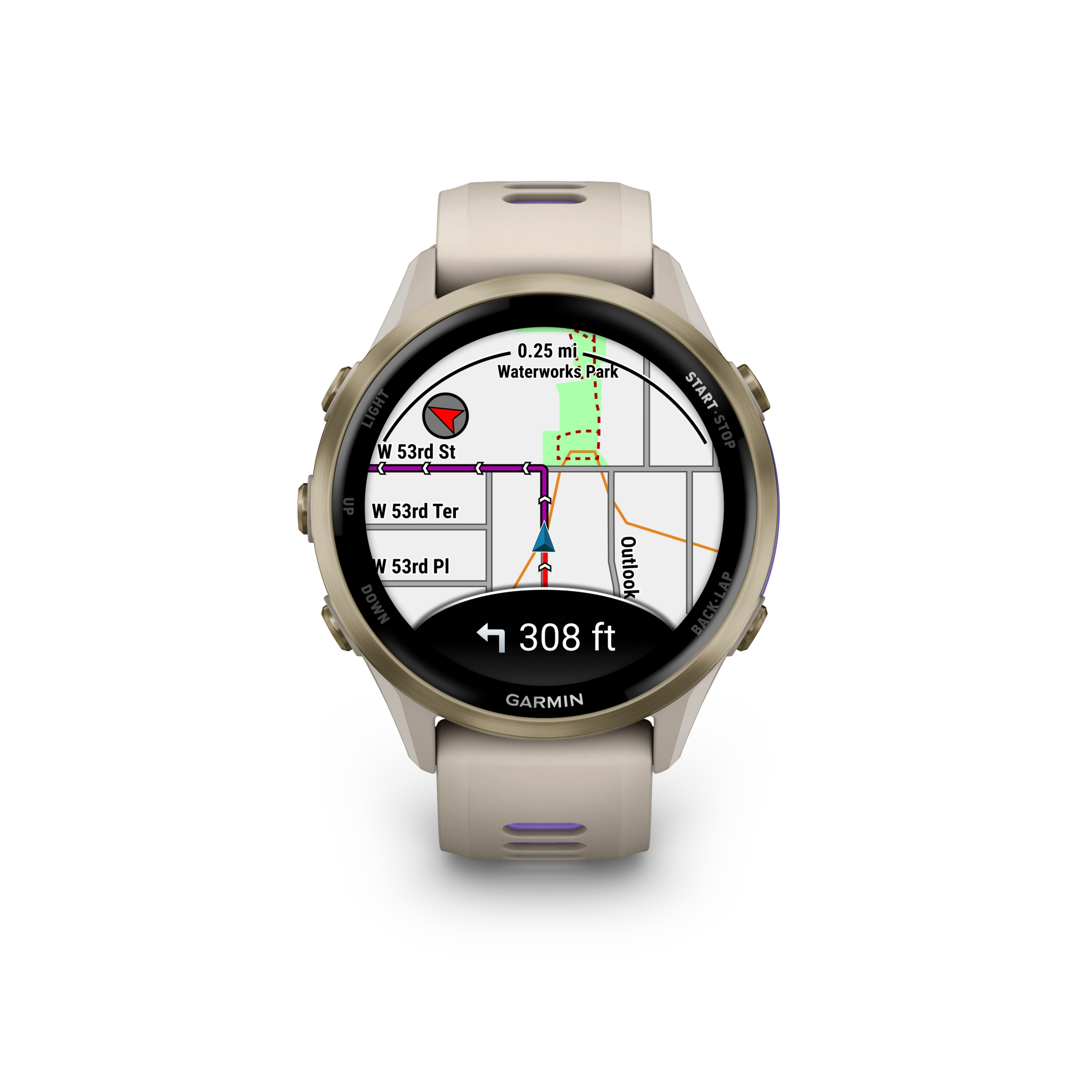 Garmin Forerunner 970 Tytanowy w kolorze Soft Gold z kopertą w kolorze French Grey i półprzezroczystym paskiem w kolorze French grey/Indygo
