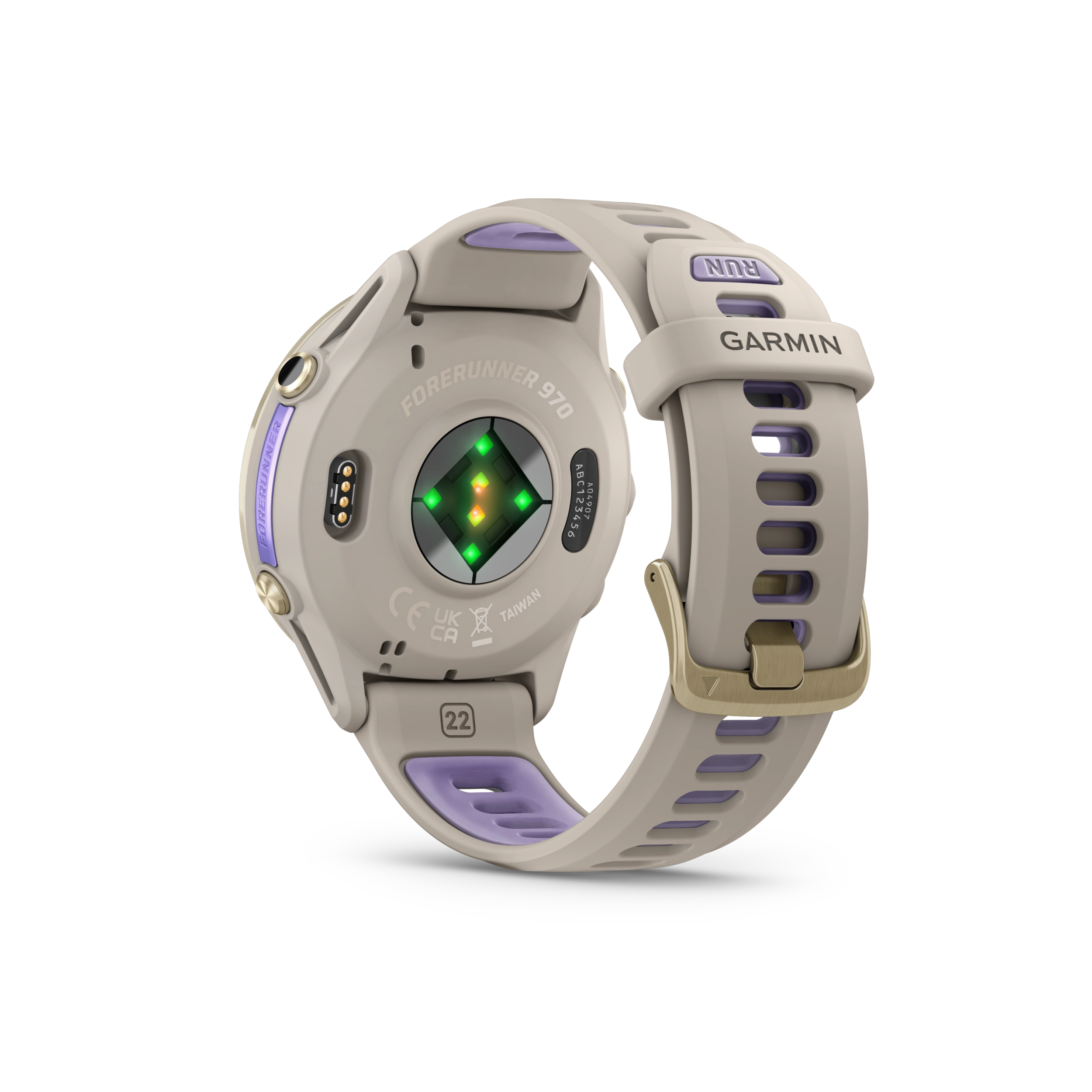 Garmin Forerunner 970 Tytanowy w kolorze Soft Gold z kopertą w kolorze French Grey i półprzezroczystym paskiem w kolorze French grey/Indygo