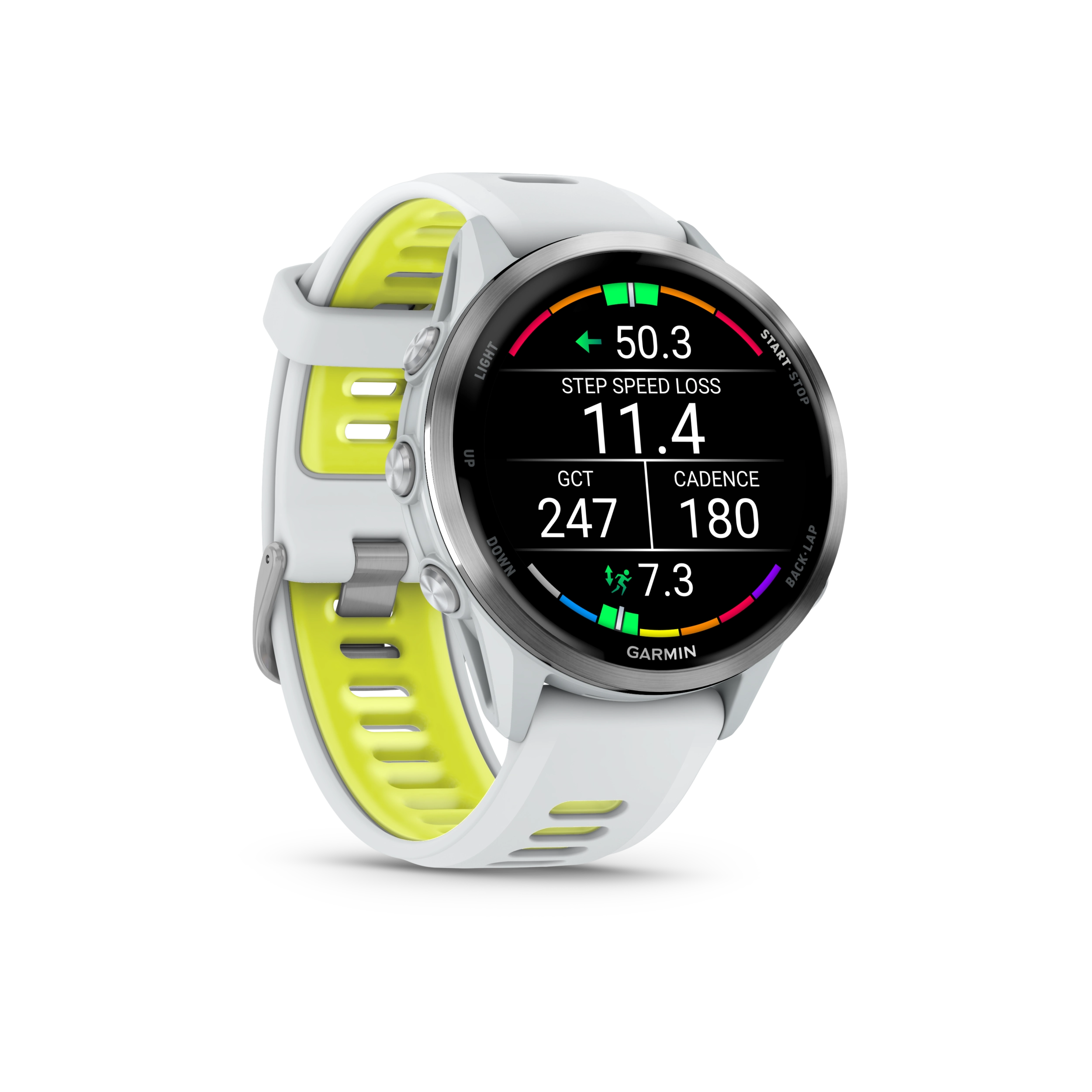 Garmin Forerunner 970 Tytanowy z kopertą w kolorze Whitestone i półprzezroczystym paskiem w kolorze Whitestone/Amp yellow