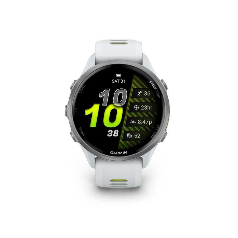 Garmin Forerunner 970 Tytanowy z kopertą w kolorze Whitestone i półprzezroczystym paskiem w kolorze Whitestone/Amp yellow