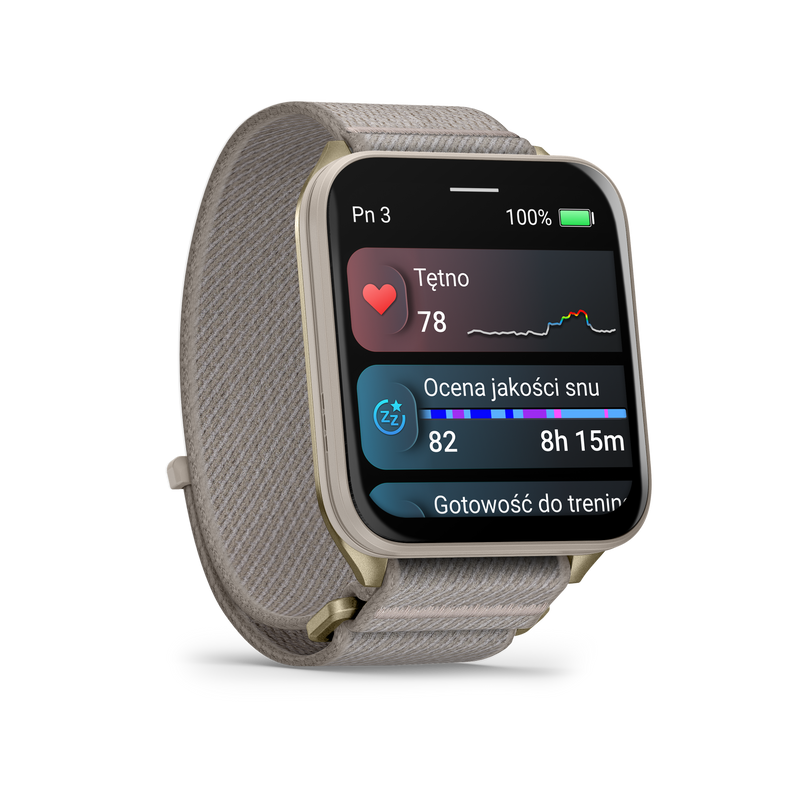 Garmin Venu X1, Soft Gold z tytanowym deklem i nylonowym paskiem ComfortFit w kolorze French Gray