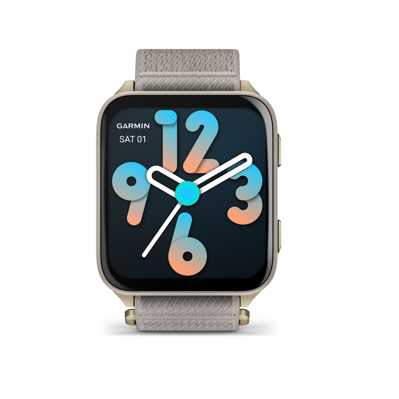 Garmin Venu X1, Soft Gold z tytanowym deklem i nylonowym paskiem ComfortFit w kolorze French Gray