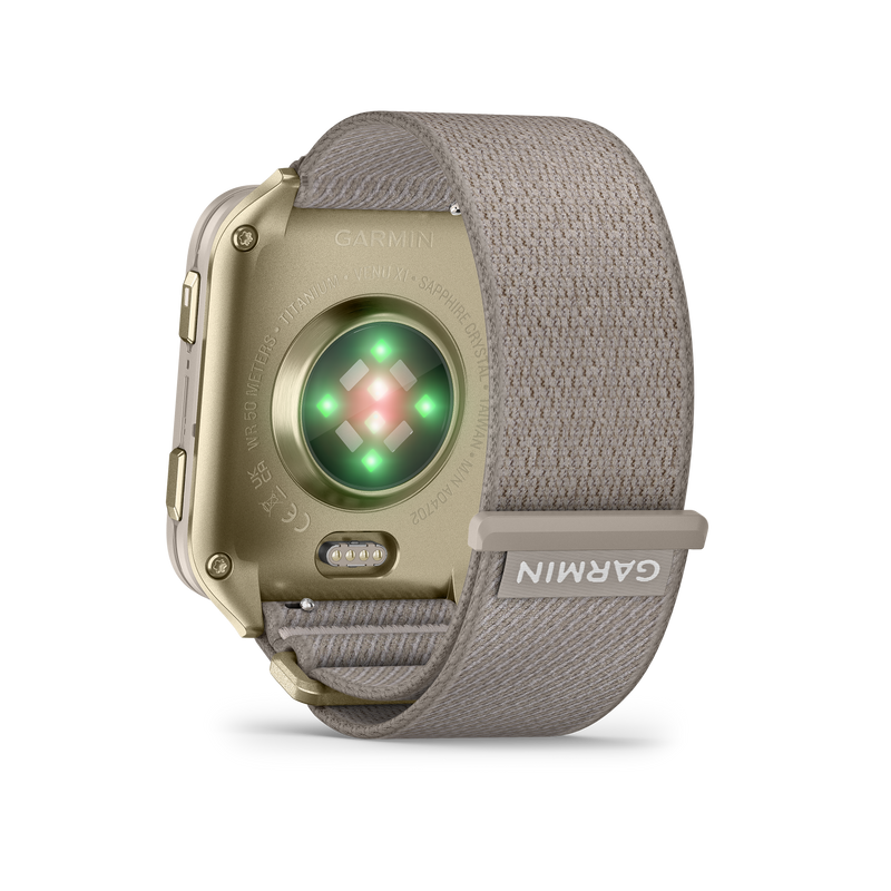 Garmin Venu X1, Soft Gold z tytanowym deklem i nylonowym paskiem ComfortFit w kolorze French Gray