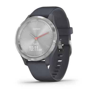 Garmin Vivomove 3S, srebrna ramka ze stali nierdzewnej z granitowo-niebieską kopertą i silikonowym paskiem