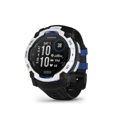 Garmin Instinct 3 – 50 mm, Solar Whitestone z paskiem w kolorze Black / Bolt blue